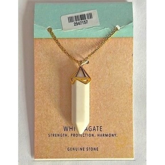 WHITE AGATE HEXAGONAL PENDULUM PENDANT 32” GOLD CHAIN NECKLACE OS - Picture 2 of 4